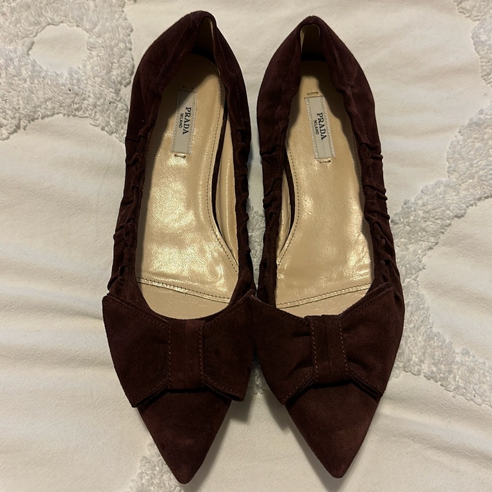 Prada brown suede pointed ballet flats w/ bow 39-1/2